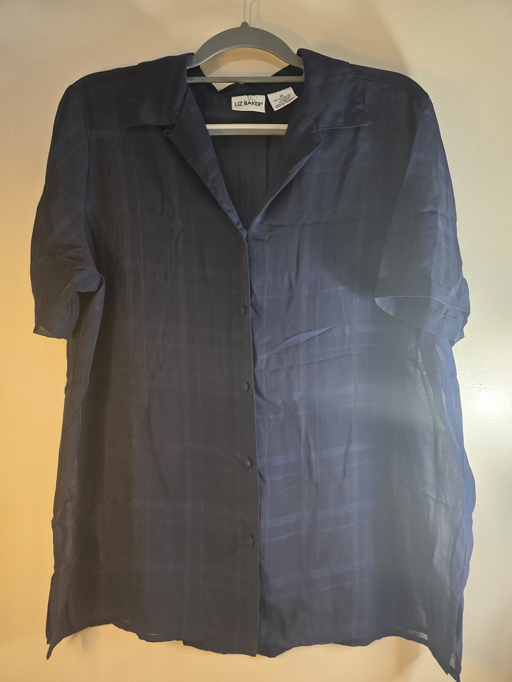 Vintage Liz Baker Navy Button-Front Short Sleeve Sheer Blouse